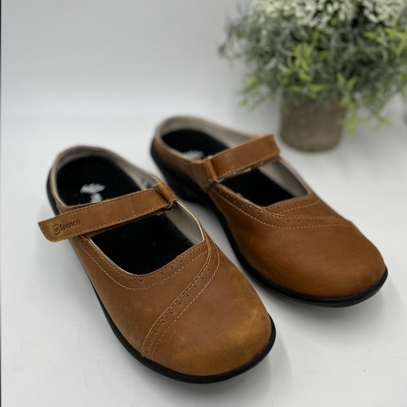 Spenco Women's 10  Brown Leather Rachel Orthotic Support Clogs Hook & Loop Strap - Picture 1 of 16